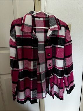 Oversized Pink Black White Plaid Button-Up Flannel Jacket